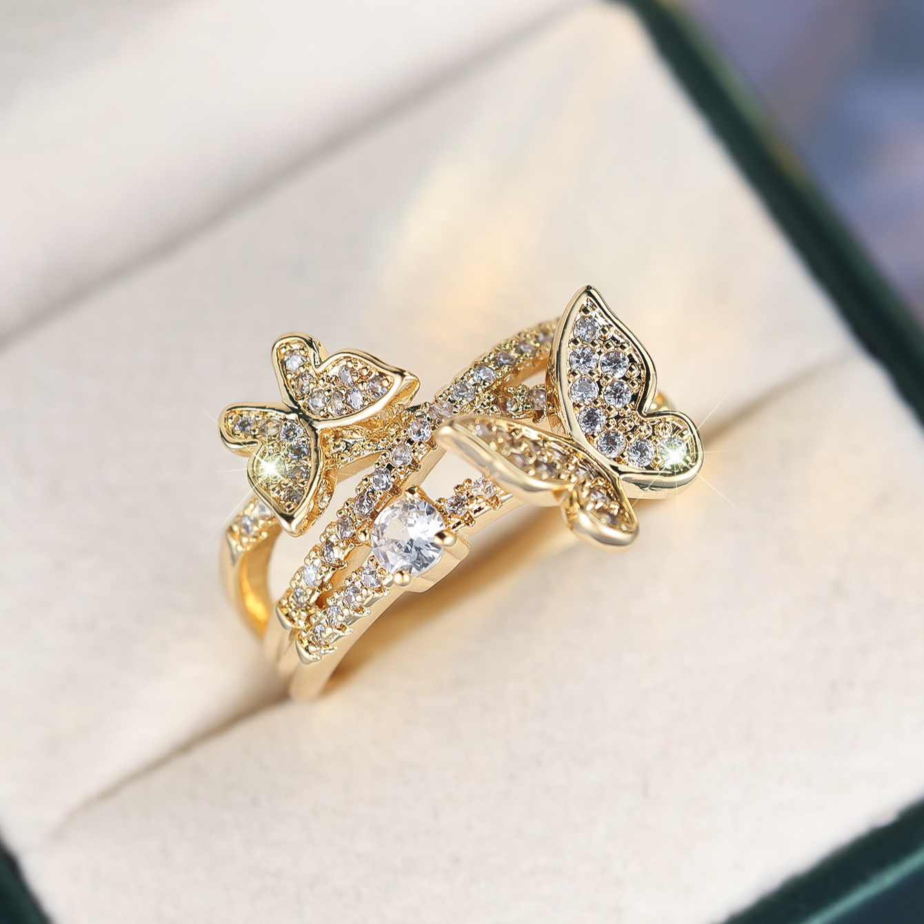 Golden Double Butterfly Stackable Ring with Synthetic Zirconia