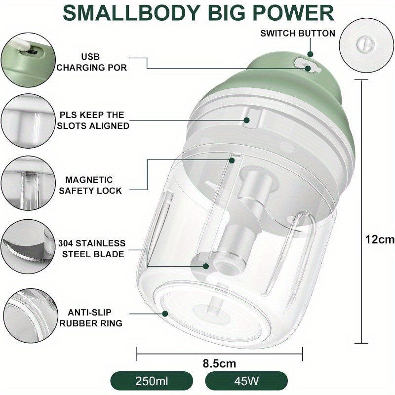 1-touch electric garlic chopper with usb-powered motor & 8.45oz large cup - 45w powerful mini food processor, safety lock, 304 blade & bpa-free pp bowl, compact portable design with ergonomic handle &   operation for garlic, onion, ginger, chili, meat, nuts, vegetables - ideal for small kitchens, camping, picnic, bbq (usb-powered, 3-hour charge) Product details 2