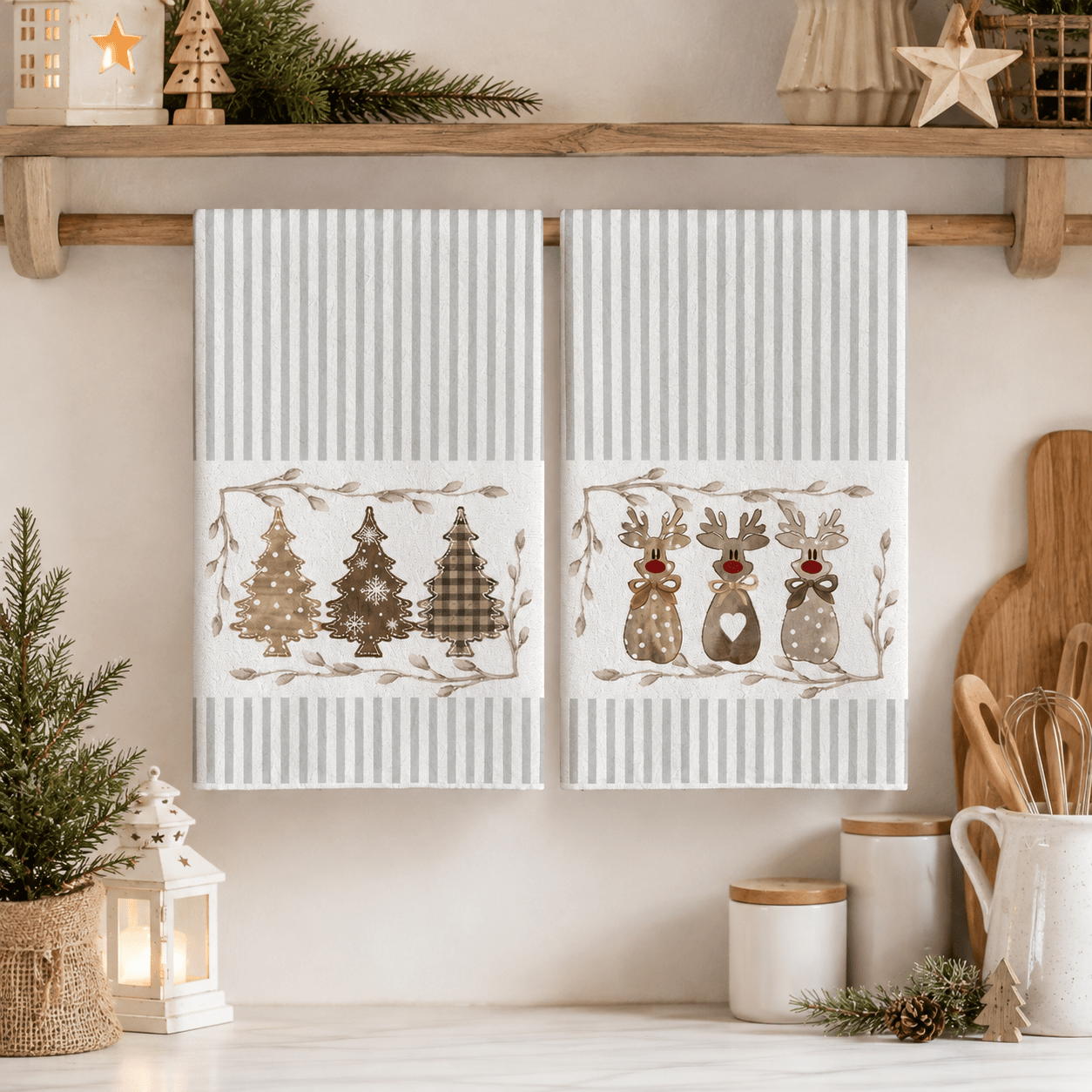 TEMU 2pcs Beige Christmas Tree Reindeer Pattern Kitchen Towels, Scouring Pads, Dish Towels, Christmas Winter Reindeer Christmas Tree Striped Printed