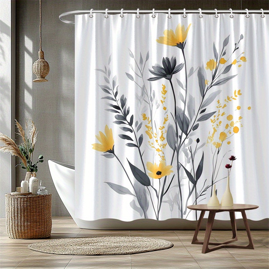 TEMU 1pc Yellow Flowers Gray Leaves Shower Curtain - Digital Watercolor Minimalist With Dark & Stems On White Background, Durable Polyester Fabric,
