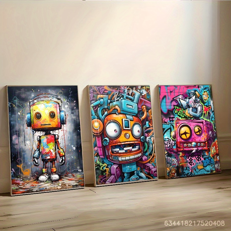 3pcs Framed Canvas Art - Vibrant Graffiti Robot & Space-Themed Wall Decor with Pine Wood Frame, Perfect for Living Room, Bedroom, Cafe, or Bar, Indoor/Outdoor Use, Indoor Wall Decor | Vibrant Wall Art | Wrapped Canvas Frame, Wall Art Decor - Image 3