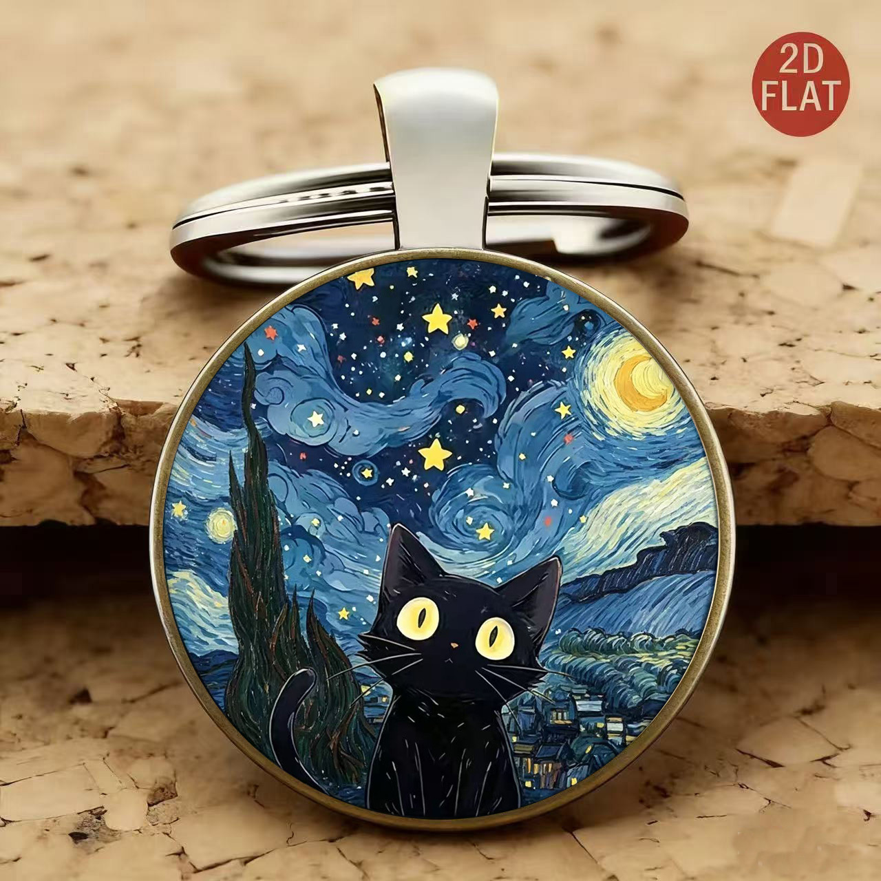 TEMU 2d Flat Starlight Black Cat And Rotating Cloud Pattern Keychain Fashionable Decoration, Round Glass, Glass Keyring, Unisex, Suitable For Bags,