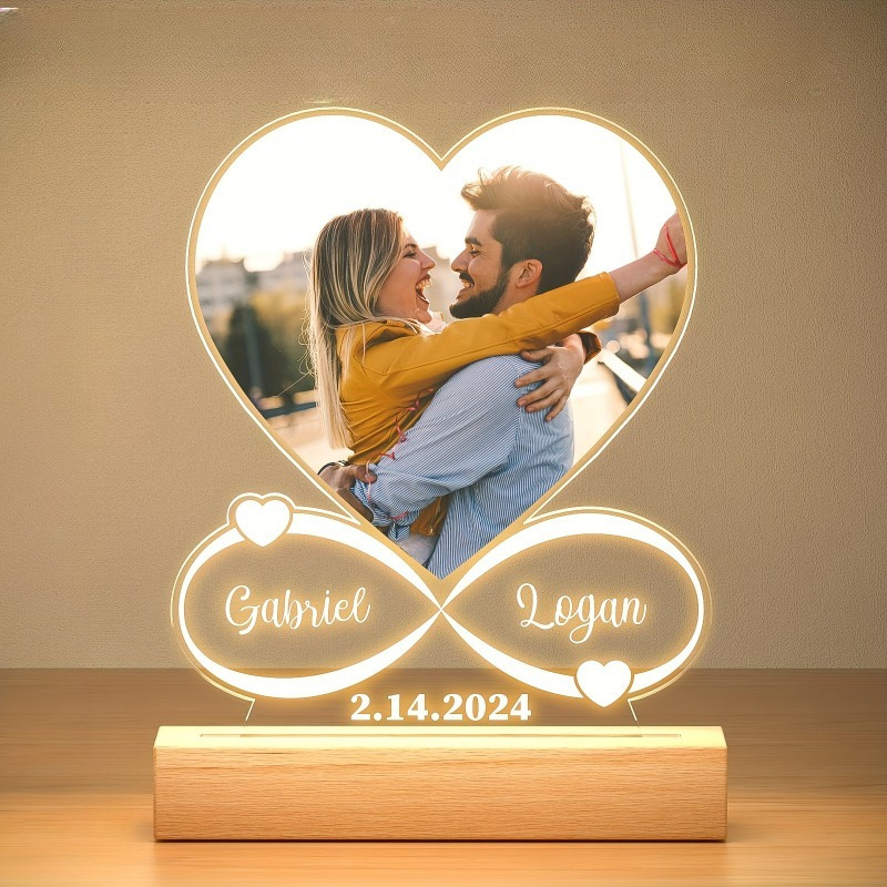 

Personalized Heart-shaped Acrylic Night Light With Wooden Base - Custom Photo Frame Table Lamp, Ideal For Anniversaries, Birthdays, Day & Christmas Gifts, Night Lamp