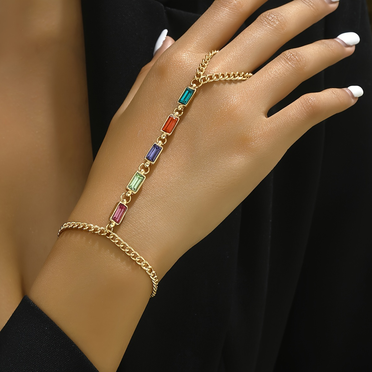 E-shop 1 Stück Exquisites Sommer Damen Fingerarmband, Retro Bohemian Geometrisches Quadrat, Eingefasst mit Glänzenden Bunten Strasssteinen, Gesprenkelt