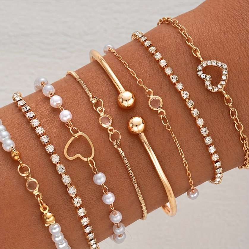 

Elegant 8pcs Golden-tone Pearl & Heart Charm Bracelet Set - & Party Wear, Vintage-inspired Layered Jewelry