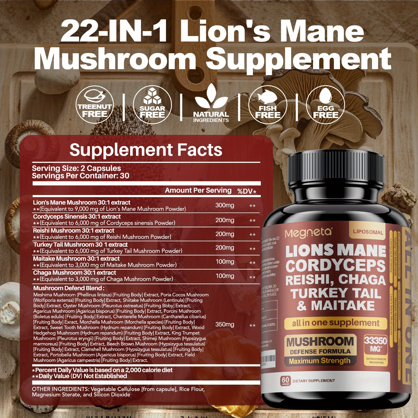 Megneta Cognitive Brain Nootropic - Mushroom Complex with Lion's Mane, Cordyceps, Reishi, Turkey Tail & Chaga for Focus, Memory, Creativity & Clarity - 60 Capsules, 30-Day Supply - For Adults - Enhance Cognitive Function - Ideal Gift for Students & Professionals
