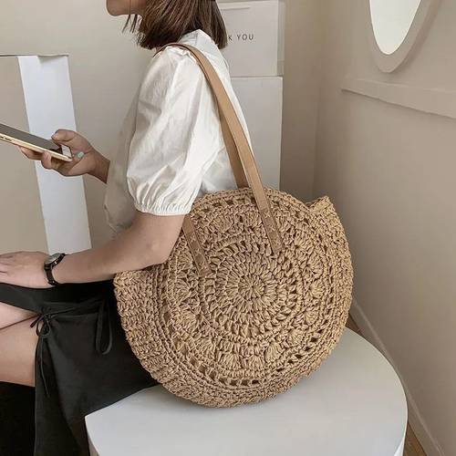 anniversary edition large capacity woven tote bag bohemian straw handbag womens chic round tote holiday style easy to clean