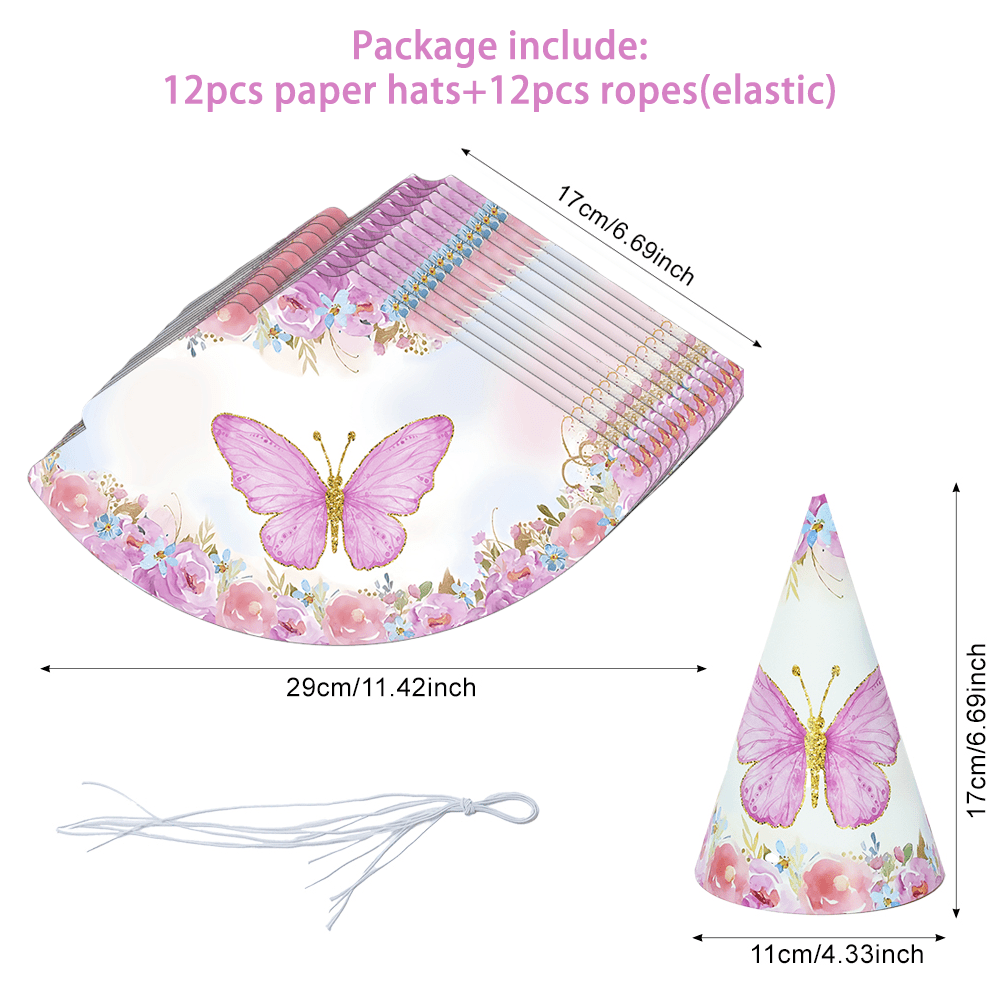 Image of 12pcs For Pattern Printing Party Birthday Hat, Penh Pink For Printing Design, Paper Material, Suitable For Theme Birthday Party Decoration, To Wear, Garden Party Decoration