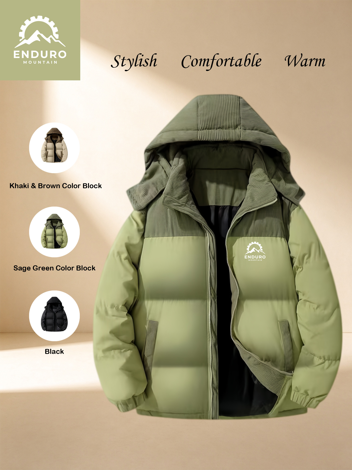 Men's Winter Hooded Corduroy Jacket with Mountain Pattern Print