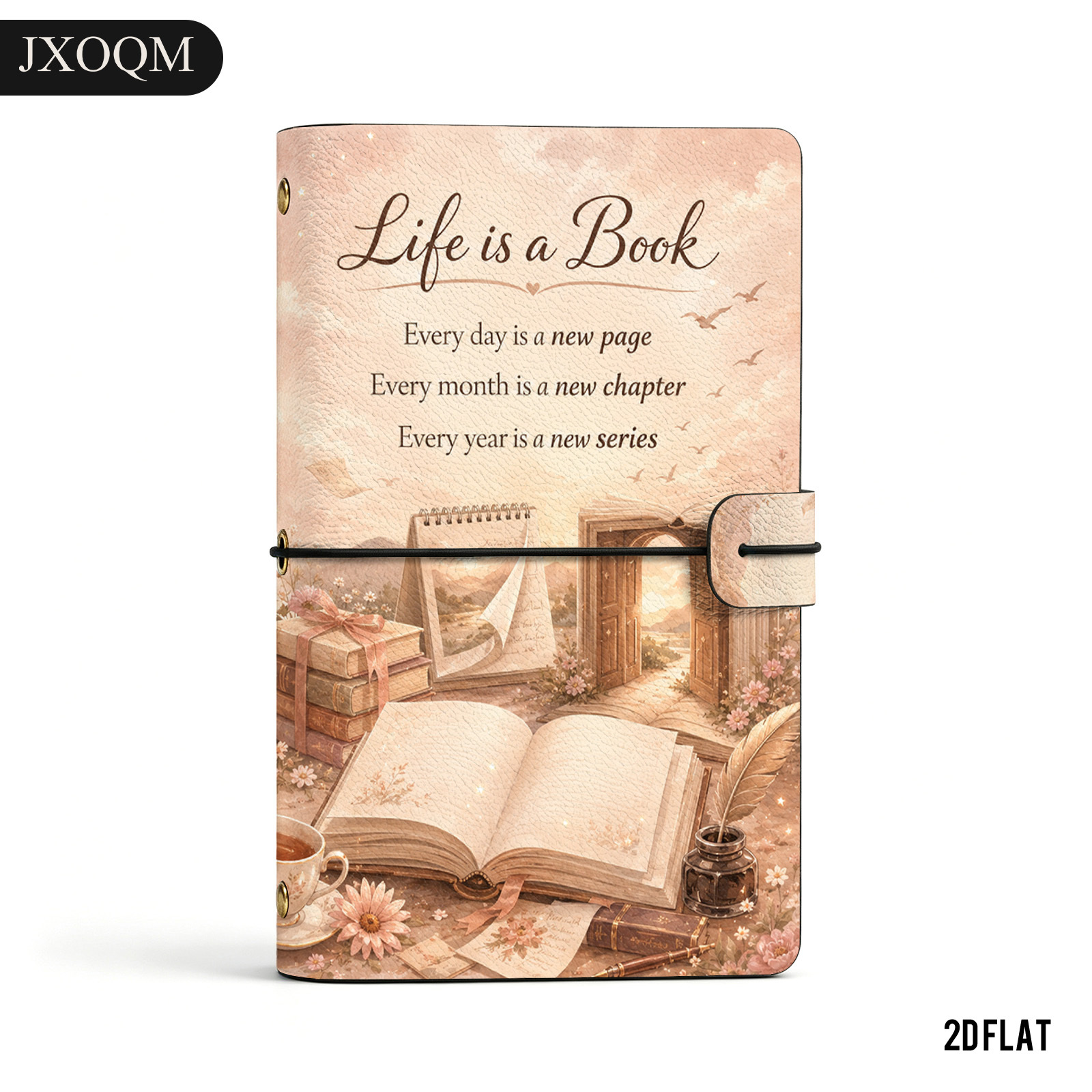TEMU 1pc A Book Theme Hardcover Journal, Grain Surface With Printed Flower Landscape Art, Elastic Band Closure, 6 Ring Loose Leaf Binder, Removable