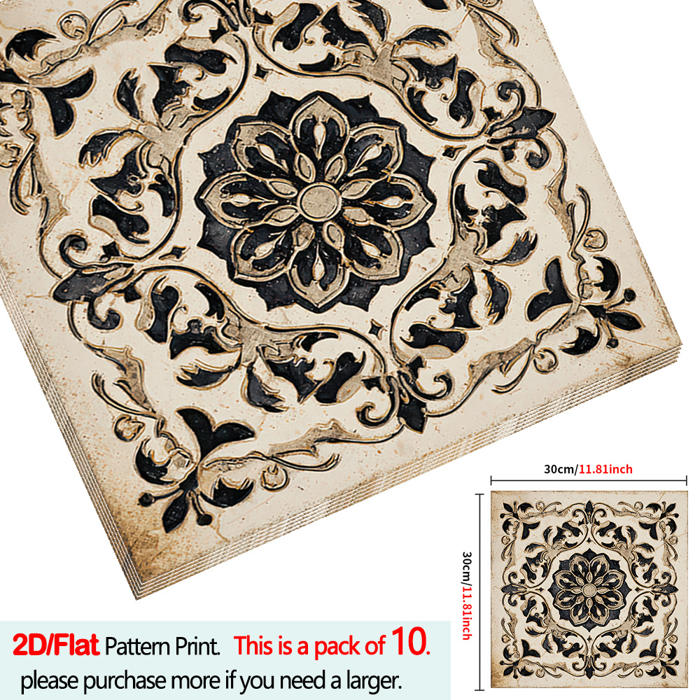 TEMU Pack Of 10pcs Self-adhesive Floor Tiles Measuring 11.81x11.81 Inches - Featuring Unique Artistic Patterns With Texture, Made Of Thick, Durable