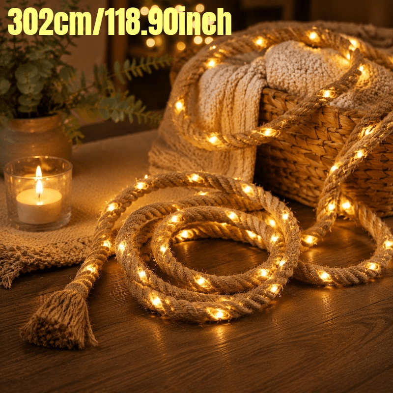 TEMU 1pc Guirlande Lumineuse LED en Corde de Jute Rétro Ultra-Longue de 40.16/118.90 Pouces, pour Chambre à Coucher, Salon, Décoration de Fête,