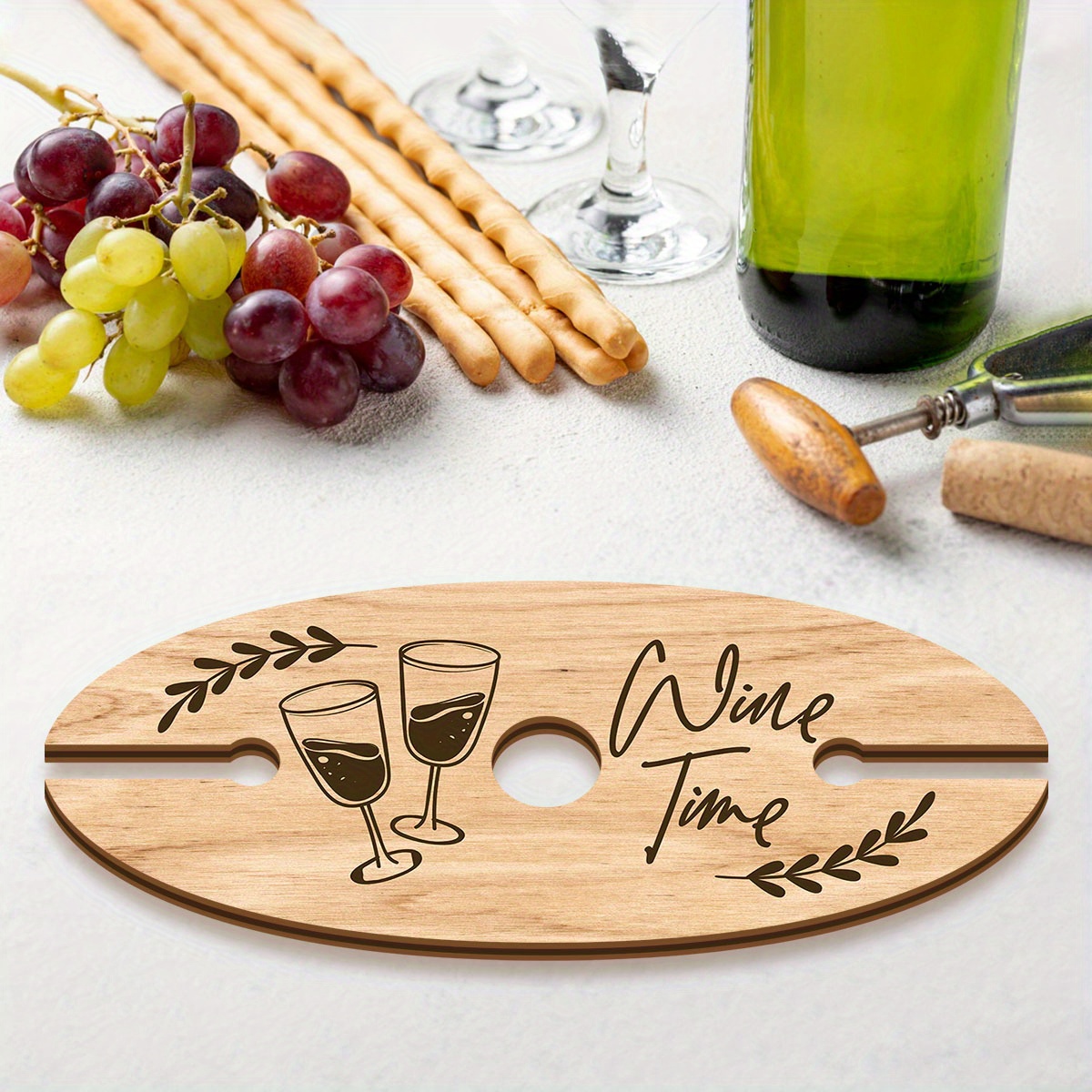 Image of An Elegant Wine Glass Rack With 'wine Time' , Made From Recycled Wood As A Desktop Stand. Ideal For The Kitchen, Dining Room, And Picnics. With - Design, For Wine Enthusiasts, An Essential Party Item