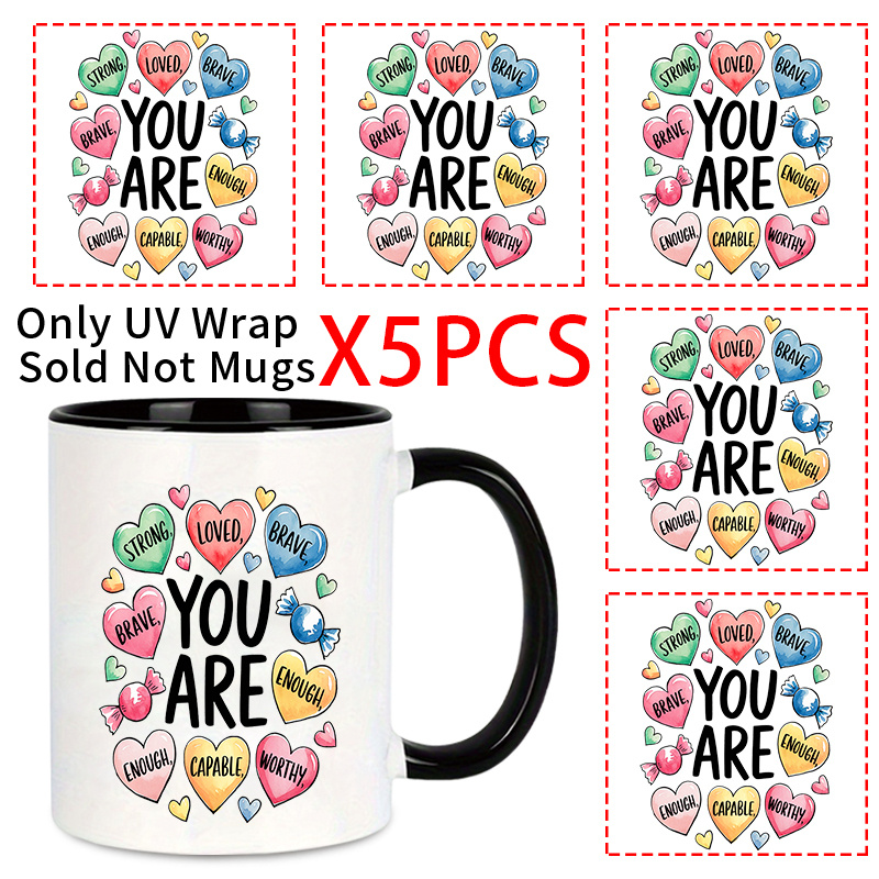 TEMU 5pcs Colorful Hearts & Motivational Words Uv Dtf Transfer Stickers Suitable For Diy Iron- Plastic Self-adhesive Patches - Multicolor Positive
