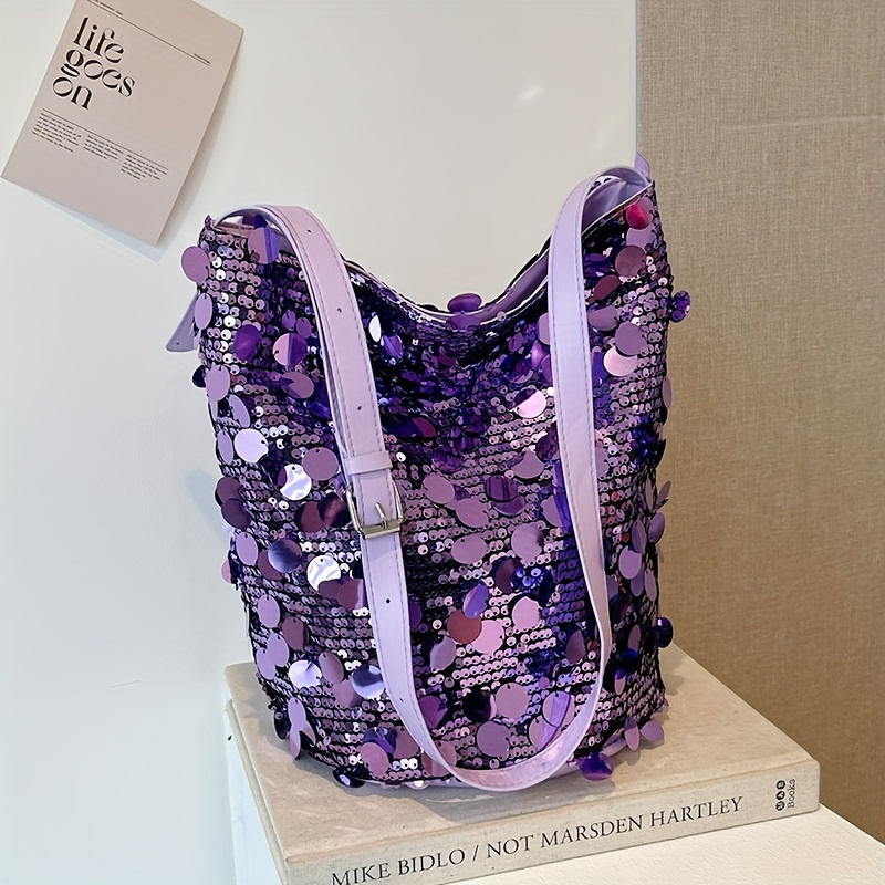 Image of Fashionable Sequined Women's Bucket Bag - Magnetic Snap Crossbody Bag With Trendy One-shoulder, In Purple/golden/silvery/black