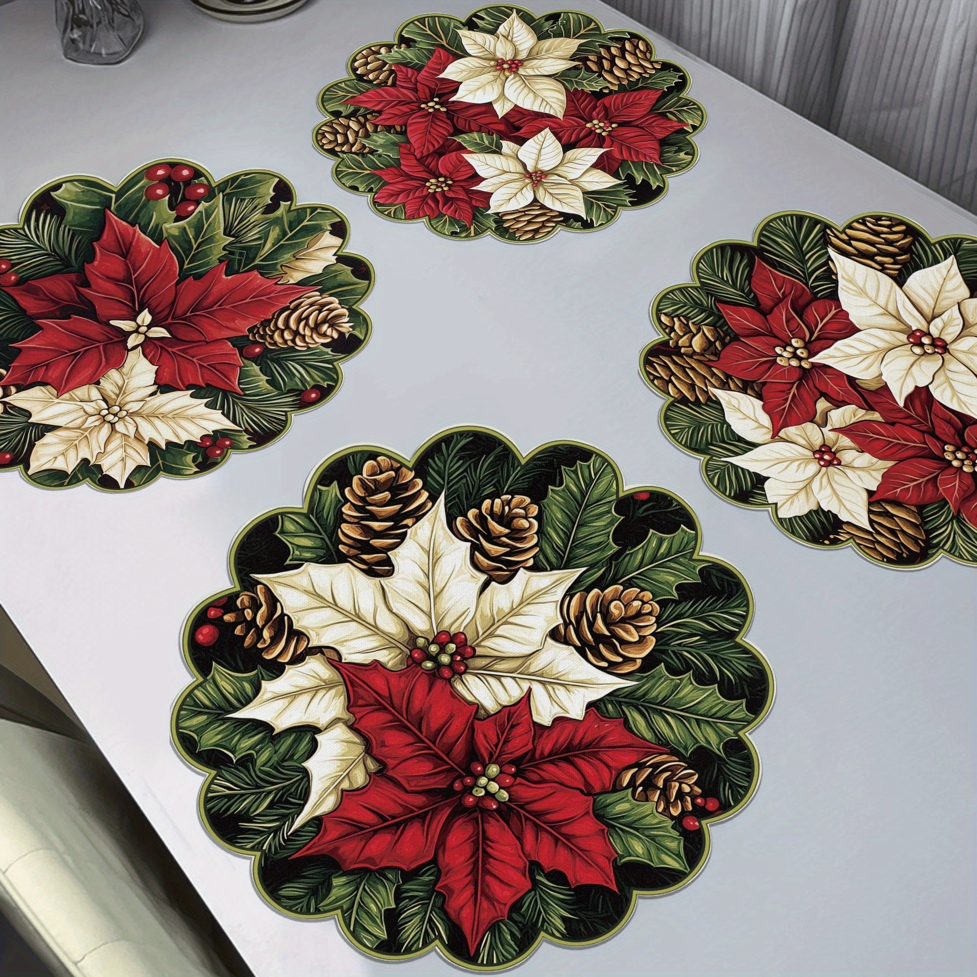 TEMU 4pcs Set Of Winter Floral And Pattern Wavy Round Wooden Placemats/table Protectors, Non-slip Placemats, Printed Patterns/hand Washable,