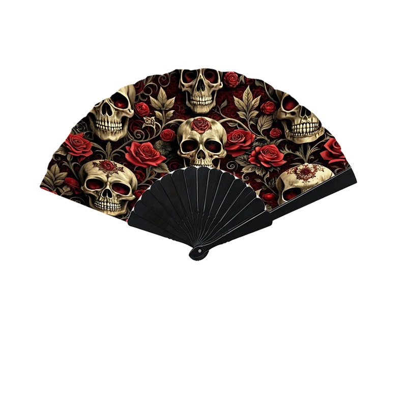 TEMU 1pc Éventail pliant en plastique portatif, Éventail à main, Éventail pliant d'été léger avec motif crâne rose foncé (Impression simple face),