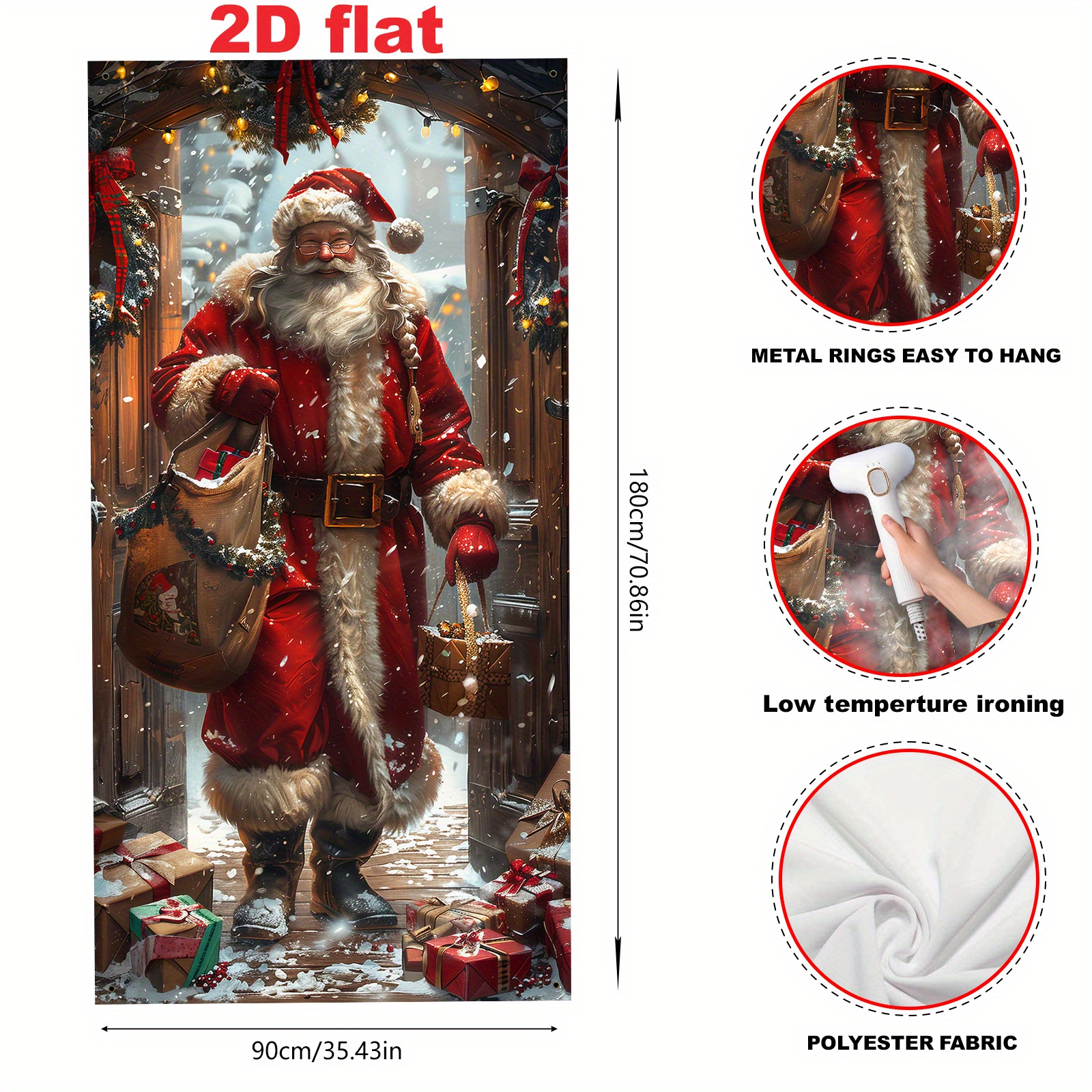 TEMU 2d Flat Party Banner, 1pc (35x70 Inches/90x180cm), Polyester Material, Santa Claus Design With Gift Bag, Christmas Theme Door Frame Banner For