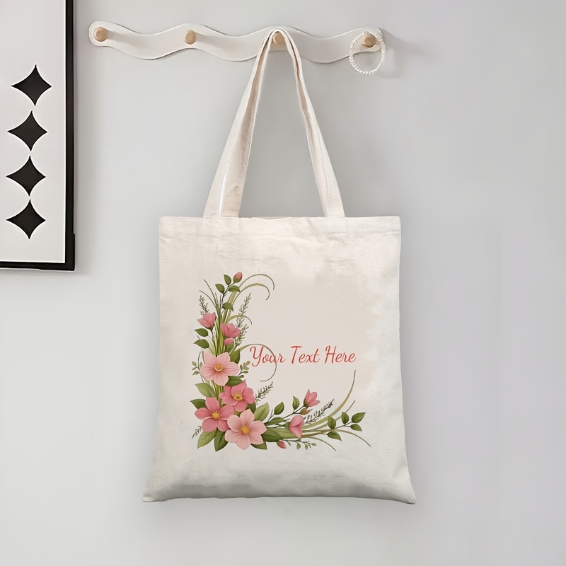 TEMU Personalized Custom Name/text Tote Bag With Pink Floral Corner Embellishment Design And Drawstring- Suitable For Women, Durable And Reusable