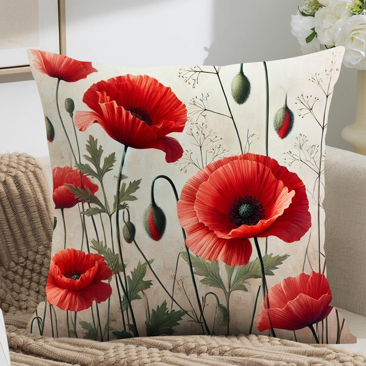 

Single Piece, Red Poppy , Design Pillow Cover, Soft Polyester Fabric, Double-sided Printed Cushion Cover With Zipper, Seasonal Spring Decoration, Suitable For Bedroom, Sofa, And Bed Home Decor.