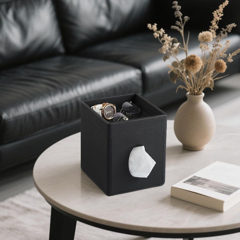 modern   leather tissue box cover with storage tray - square decorative organizer with   lid & hygienic design, space-saving black tissue holder for bathroom vanity, bedroom nightstand, office desk - durable & easy- , fits standard tissues, minimalist home decor, bathroom tissue holder, toilet tissue holder for bathroom, tissue box with storage, tissue box holder vintage, bathroom tissue roll holder, toilet paper holder for bathroom, bathroom decor and Product details 1