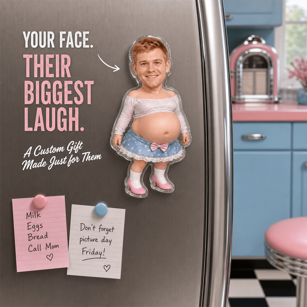 TEMU Fun Custom Acrylic Fridge Magnet: Features A Character Wearing A Lace Top, Denim Mini Skirt, And Pink High Heels—press To Make Bounce Back. A