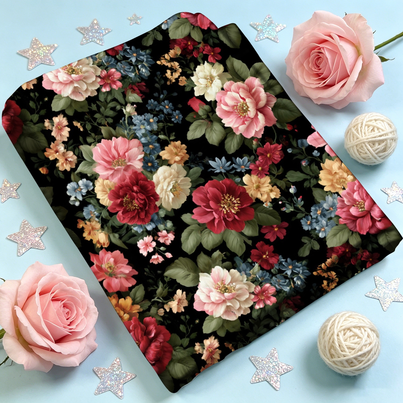 TEMU 1 pièce de tissu à imprimé numérique à motif floral avec des roses roses et rouges sur fond noir, disponible en plusieurs tailles. est doux et