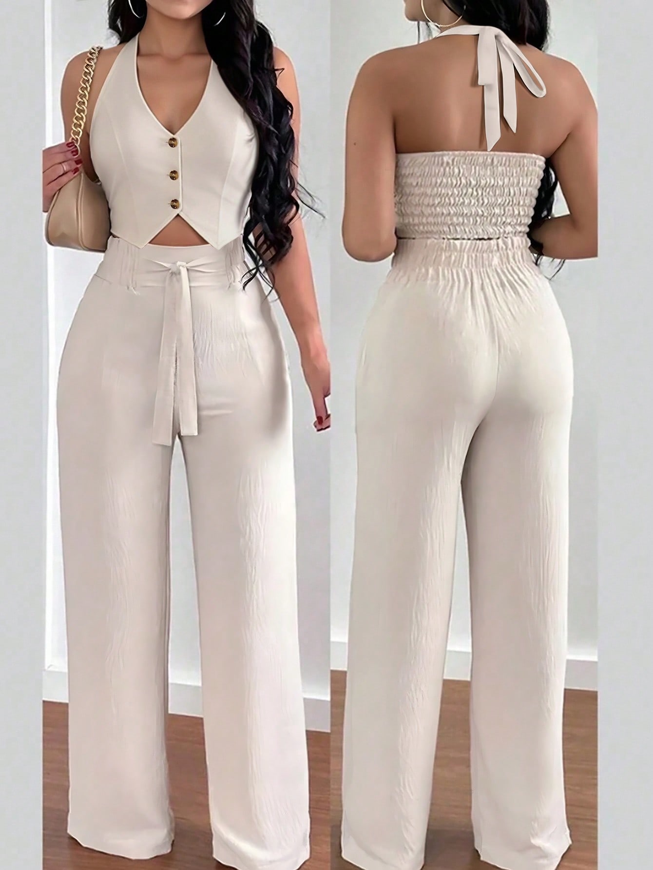 Conjunto de Cárdigan sin Mangas con Cuello en V y Pantalones para Mujer con Lazo Trasero y Lazo para el Cuello, Color Sólido, Tapeta de Botones, Outfit Casual de Vacaciones, Primavera Verano, Cómodo y Elegante, Ideal para Uso Diario
