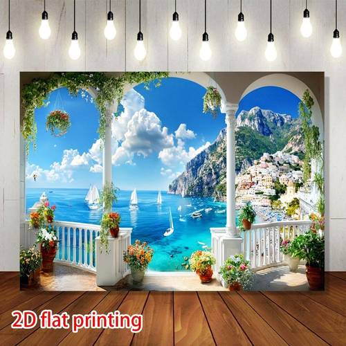 2d flat 2d flat banner 1pc vintage european seaside town scene background coastal mediterranean with teal outdoor self wall mural santorini mural photo wallpaper 2d flat
