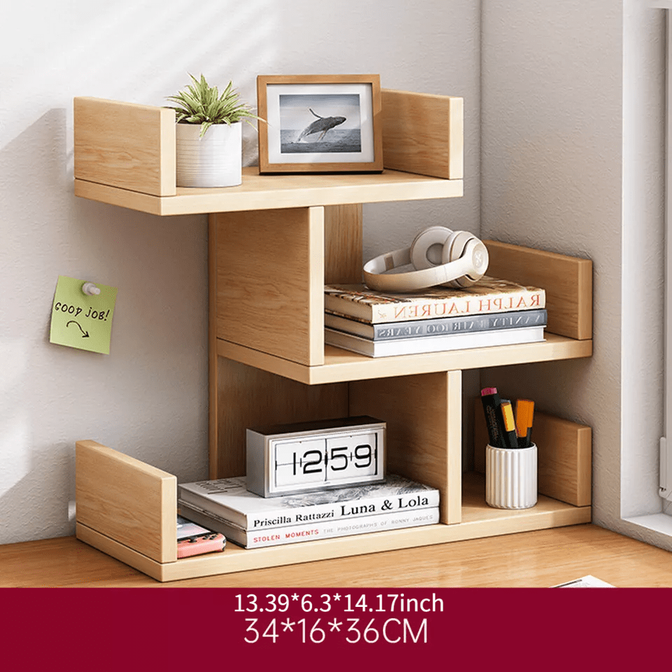 TEMU 1pc Wooden Desktop Bookshelf Organizer - 2-tier Storage Rack For Office & Home Decor, Light , Space-saving Design With Pens, Scissors & Notepad