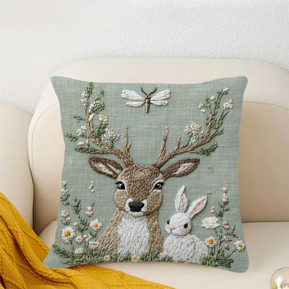 

1pc Deer & Rabbit 18x18 Inch Throw Pillow Cover - Soft Short Plush, Machine Washable With Zipper Closure, Ideal For Bedroom & Living Room Holiday Decor, Perfect Gift, Deer Home Decor