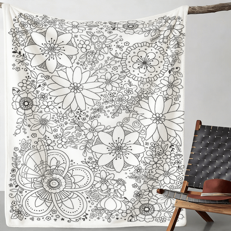 TEMU 1pc Adult Flower Diy Coloring Flannel Blanket. Friendly Fabric For Sofa Living Room Office. Relax Blanket Perfect For Halloween And Christmas