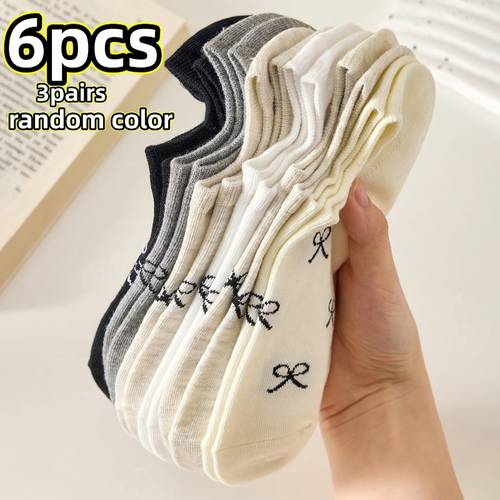 color random 6pcs 3 pairs womens elegant bow socks breathable lightweight invisible spring summer casual socks loose cuff decorative soft tones suitable for daily wear and special occasions japanese korean style