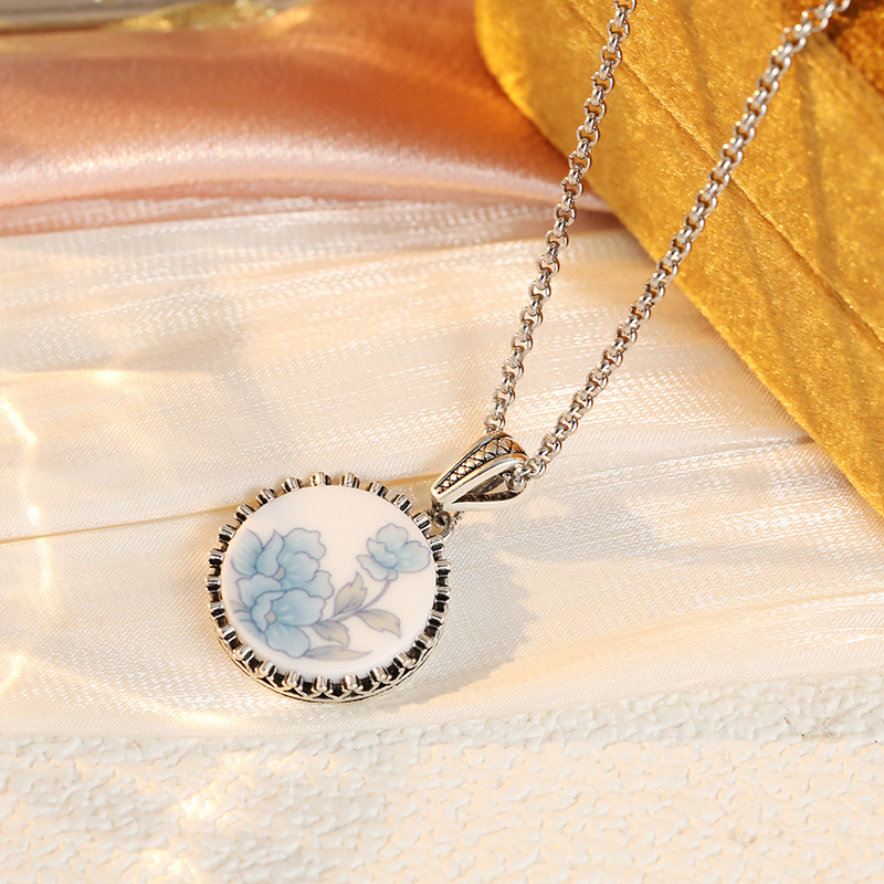 Ladies' Vintage Hand-painted Blue Peony Porcelain Pendant Necklace