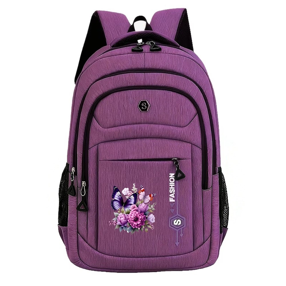 TEMU Purple Pink Peony And Double Butterflies Large Capacity Laptop Student Backpack Commuter Business Bag Unisex Fashion Bag