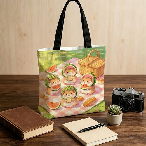 item picture cute hamster watermelon hat picnic eating watermelon bread hd digital multifunctional reusable canvas bag suitable for supermarkets schools and travel handbag shoulder bag dual use shopping bag portable grocery bag
