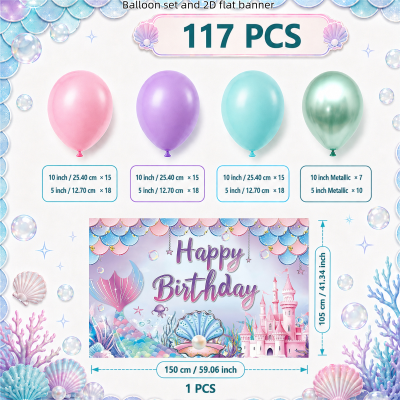 TEMU 121pcs Mermaid Theme Balloon Arch Kit With 2d Flat Banners, Shells, Pearls & Happy Birthday Print For Birthday, Anniversary, Valentine's Day,