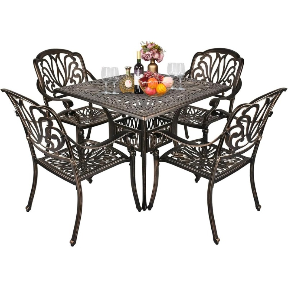 Bonnlo 5pcs Outdoor Dining Set Cast Aluminium Patio Furniture with 4 Chairs and 1 Umbrella Table for Garden Porch Poolside Weather-Resistant Bronze