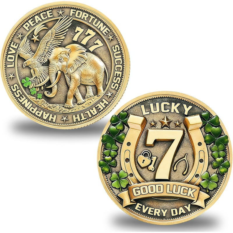 TEMU 2d Flat Printed Challenge Coin, Elephant Eagle 777 Horseshoe Clover Commemorative Coin, Good Luck Fortune Collectible Coin Gift