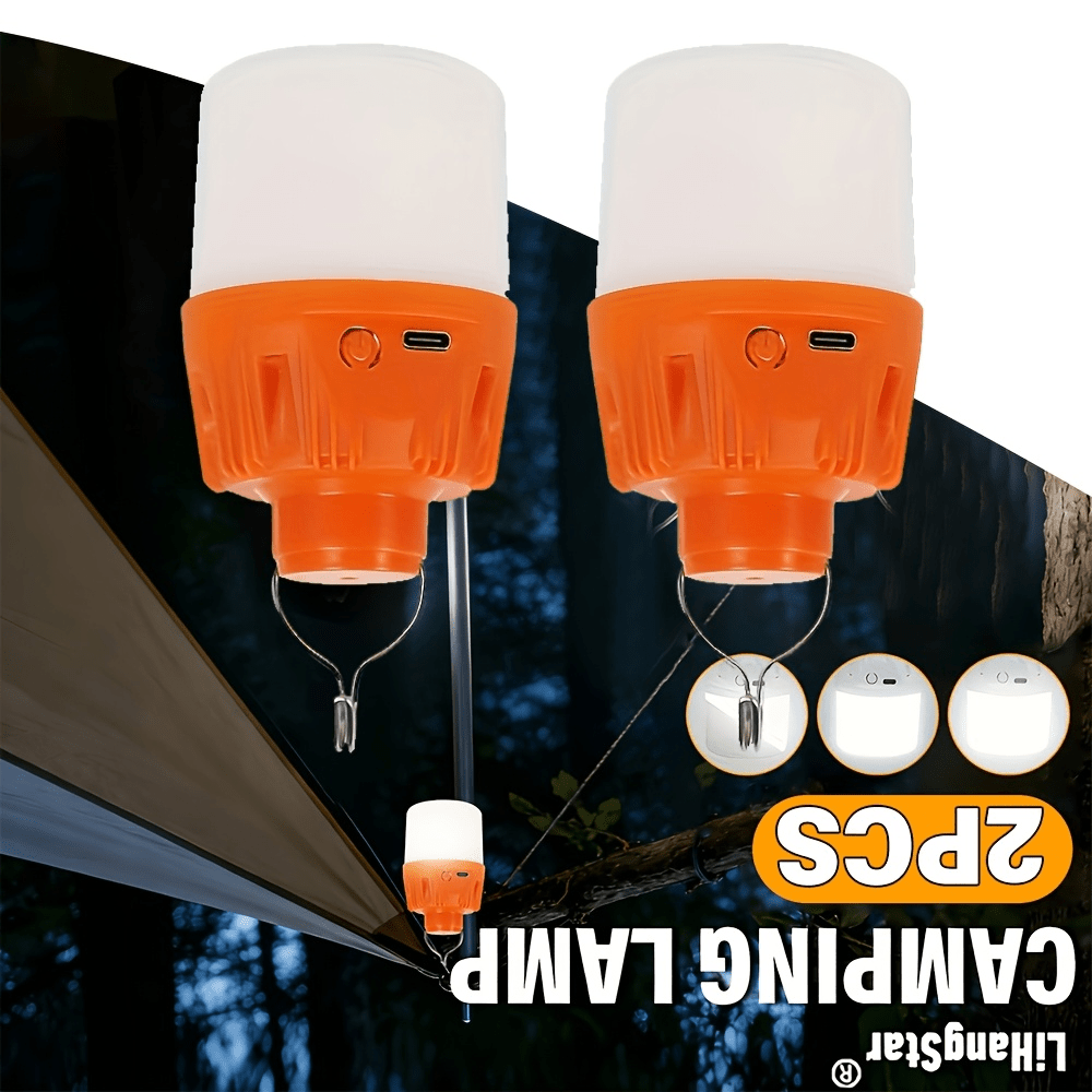 TEMU 2 piezas de bombillas de luz de mano para camping, linterna de mano portátil recargable por USB, luz LED para tienda de campaña colgante IP54,