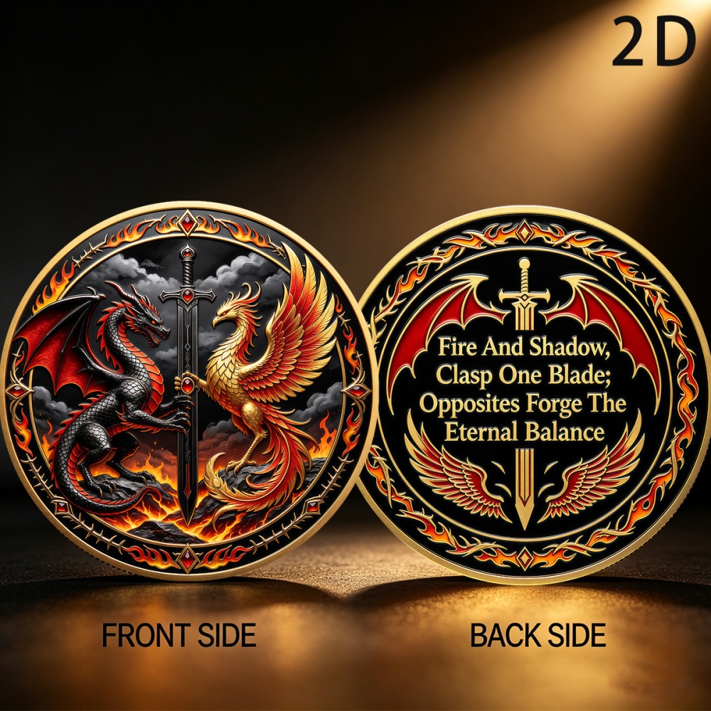 TEMU 2d Flat, 1pc, A Black And Red Dragon Facing Off Against A Golden Phoenix, Holding A Sword, With A Background Of Flames, Double-sided