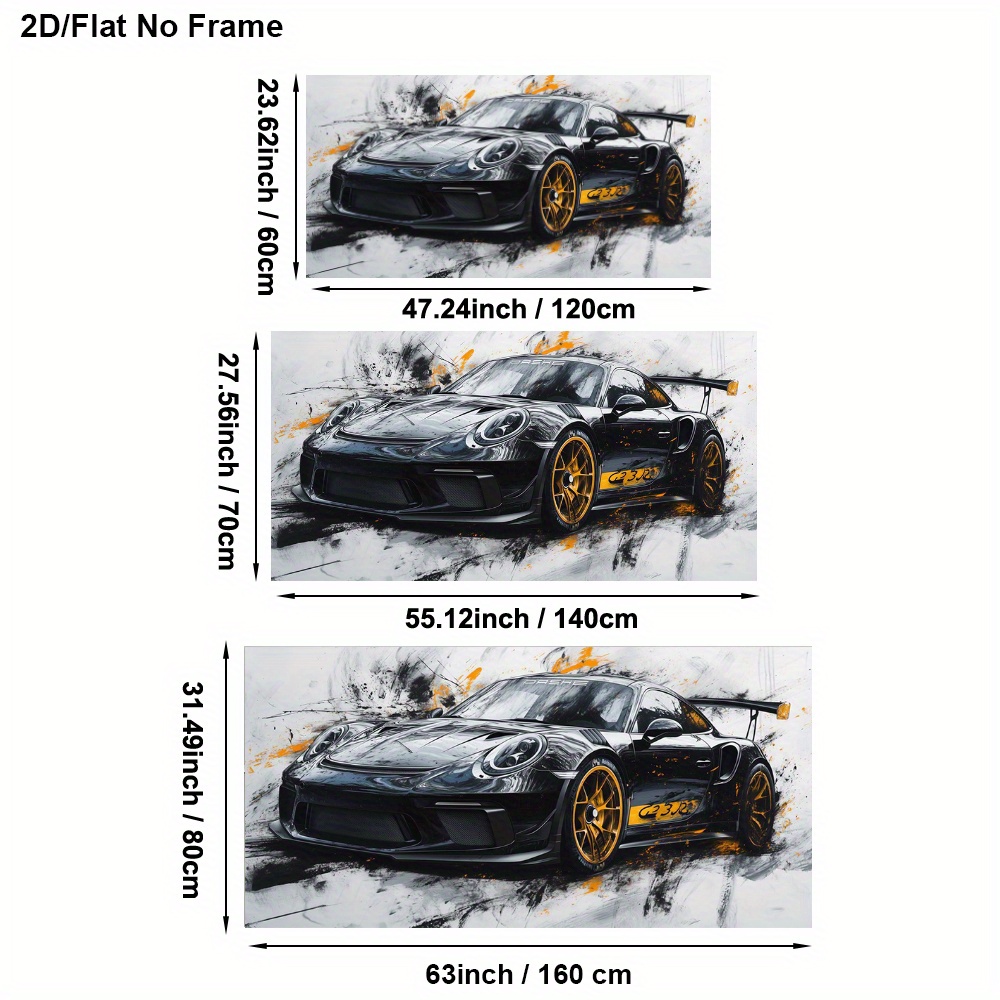 TEMU Rahmenlose Moderne Abstrakte Schwarze Sportwagen mit Goldfarbenen Felgen Kunstdruck - Dynamisches Oranges & Weißes Spritzer-Design, Hochwertige