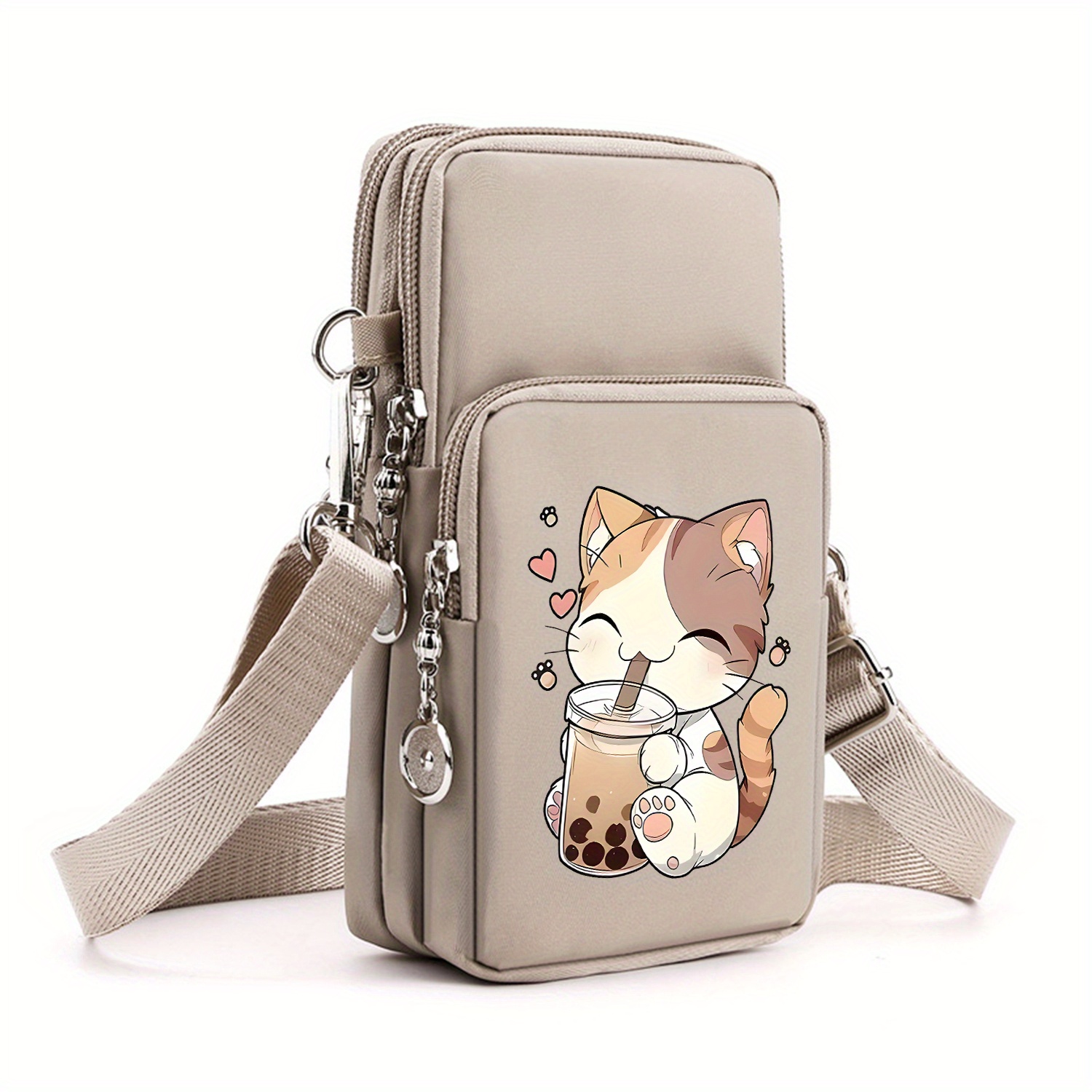 TEMU Cute Cat Print Crossbody Bag, Multi-pocket Shoulder Bag And Phone Bag With Adjustable Shoulder Strap, Coin Storage And Headphone Hole | Perfect
