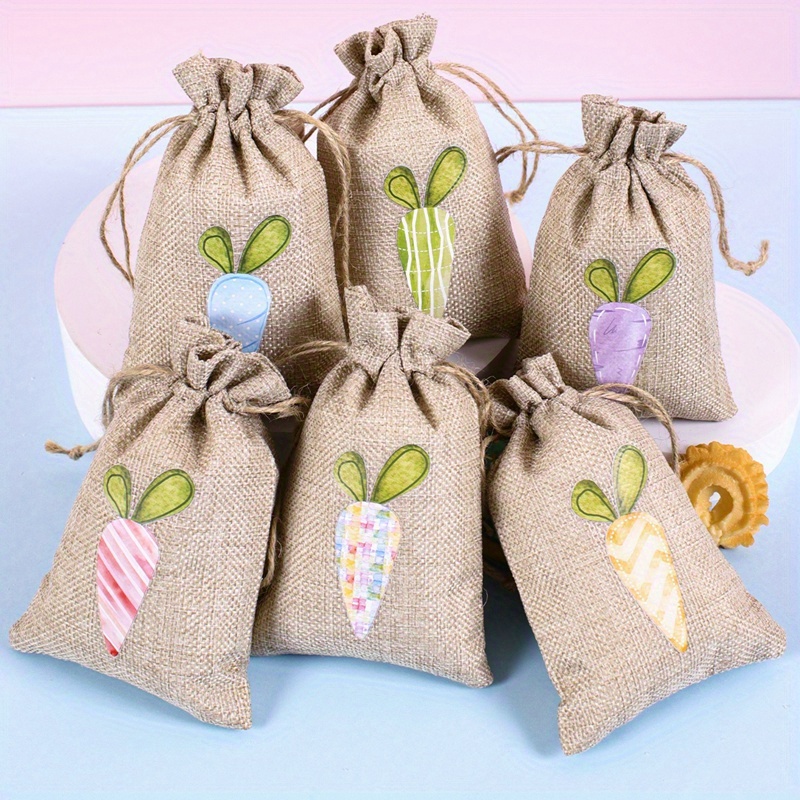 TEMU 6pcs Easter Burlap Gift Bags, Rabbit Pattern Designed Treat Bags Creative Decor, Perfect Snack Gifts Wrapping Easter Party Favor Supplies