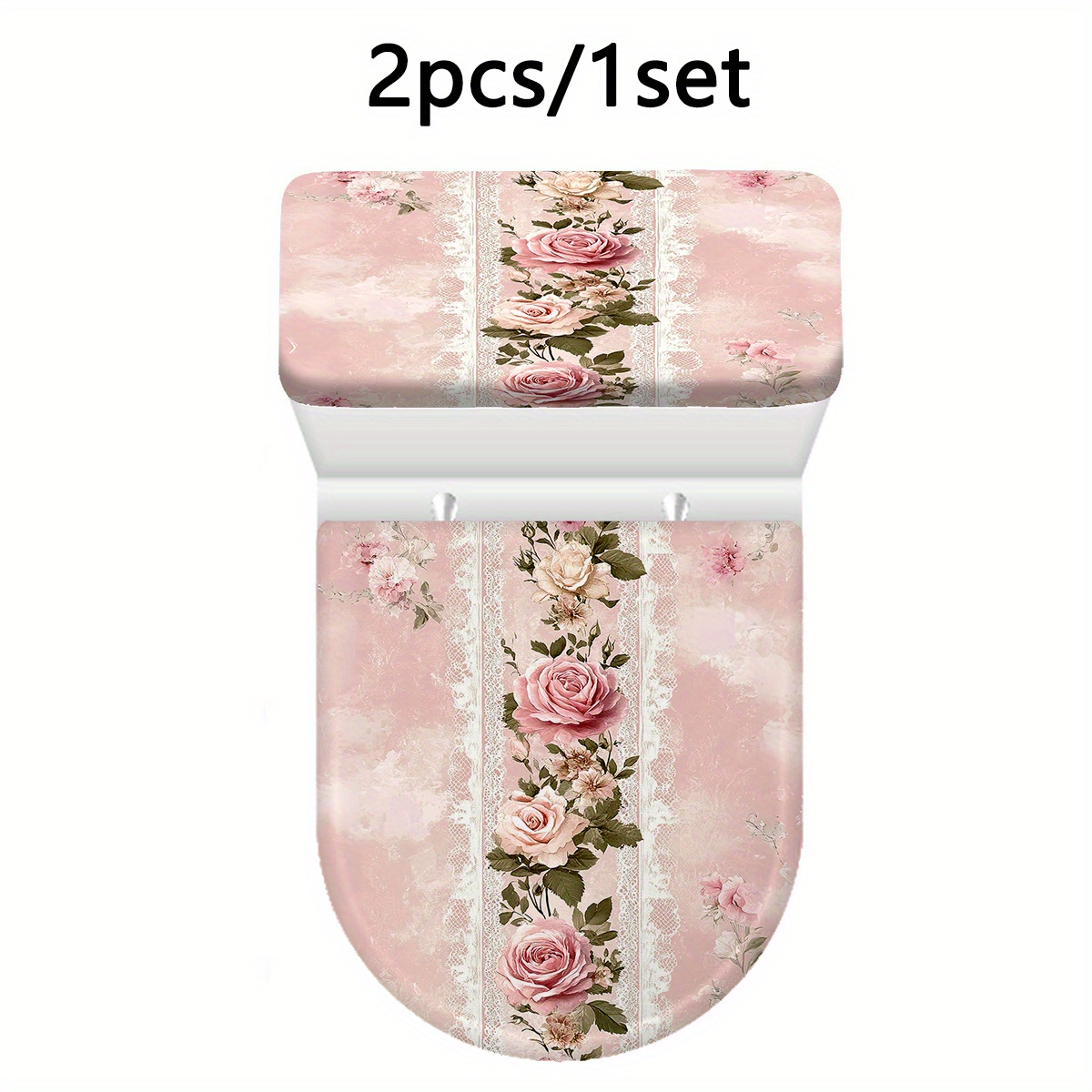 TEMU Un set di coperture per serbatoio e sedile del water con motivo elegante e rosa, realizzate in materiale elastico, con adattatore a U per il