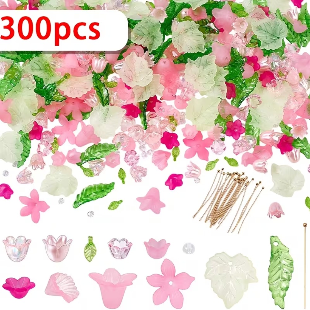 TEMU 300pcs Random Style Mixed Color Acrylic Flower Beads Maple Leaf Assorted Beads Loose Beads Suitable For Making, Bracelets, Necklaces, Earrings,