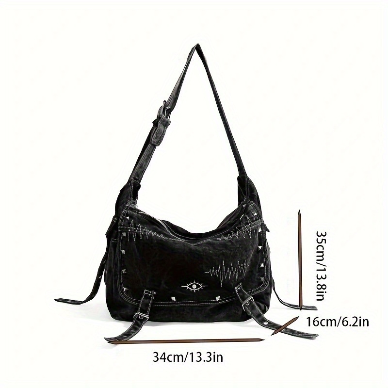 TEMU Gothic Punk Large Capacity Crossbody Bag - Foldable Belt Bookbag With Adjustable Strap & Zipper Closure, Black Suitable For School, Work,