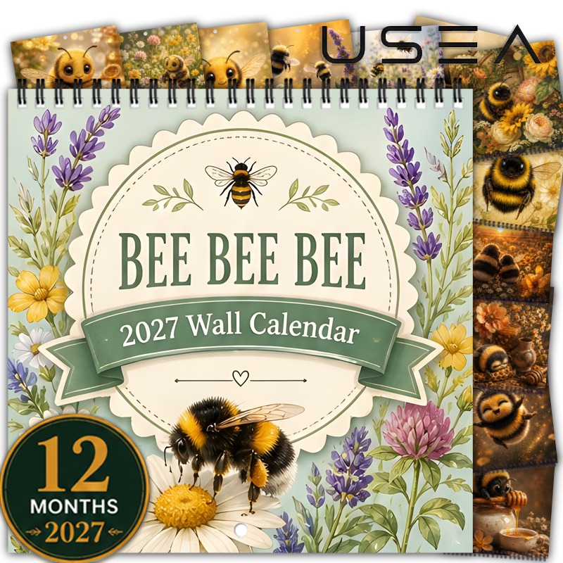 TEMU 2027 Wall Calendar, 1pc 2027 Wall Calendar, 12-month Yearly Organizer, Bee-themed Twin Wire Spiral Hanging Square Calendar, 8.3 X 8.3 Inches,