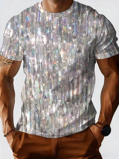 print design not textured mens holographic t shirt sparkling diamond pattern casual top