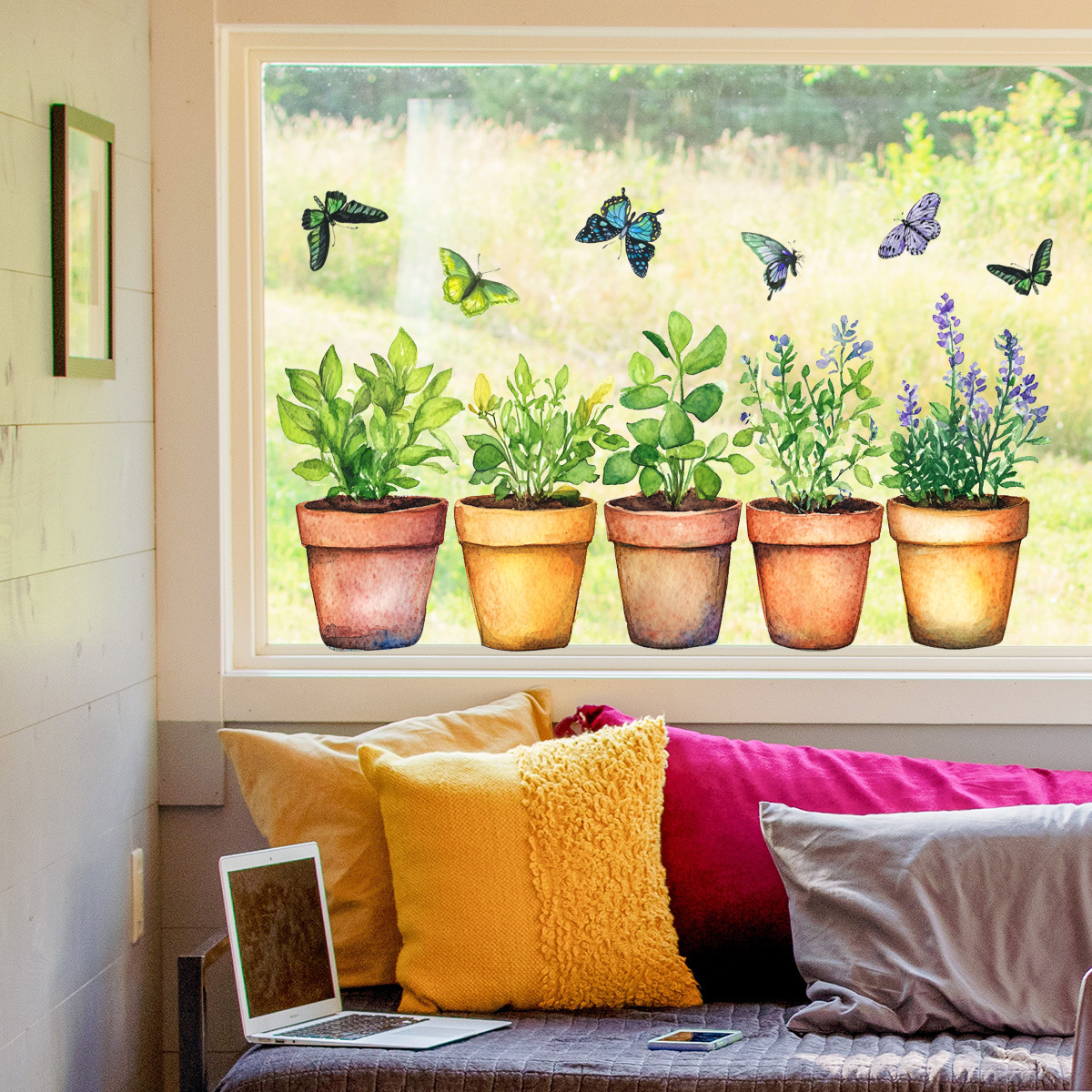 TEMU Plant Pot Rack With Glass Window Stickers For Home Decoration, Self-adhesive Wall Decals.